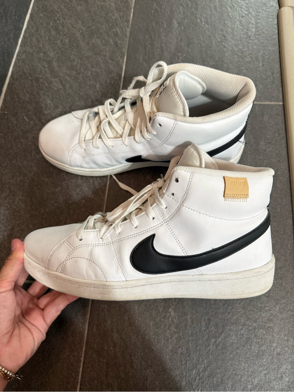 Nike Men’s White High-Top Sneakers with Black Swoosh and Tan Accent